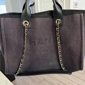 CHANEL Brown Canvas Tote with Chain Detail